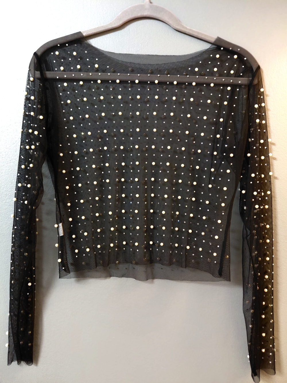 Sheer Black Mesh Top with Pearl Studs